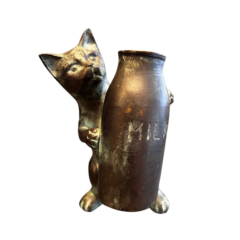 Vintage San Pacific intl Bronze Cat With‎ Milk Bottle